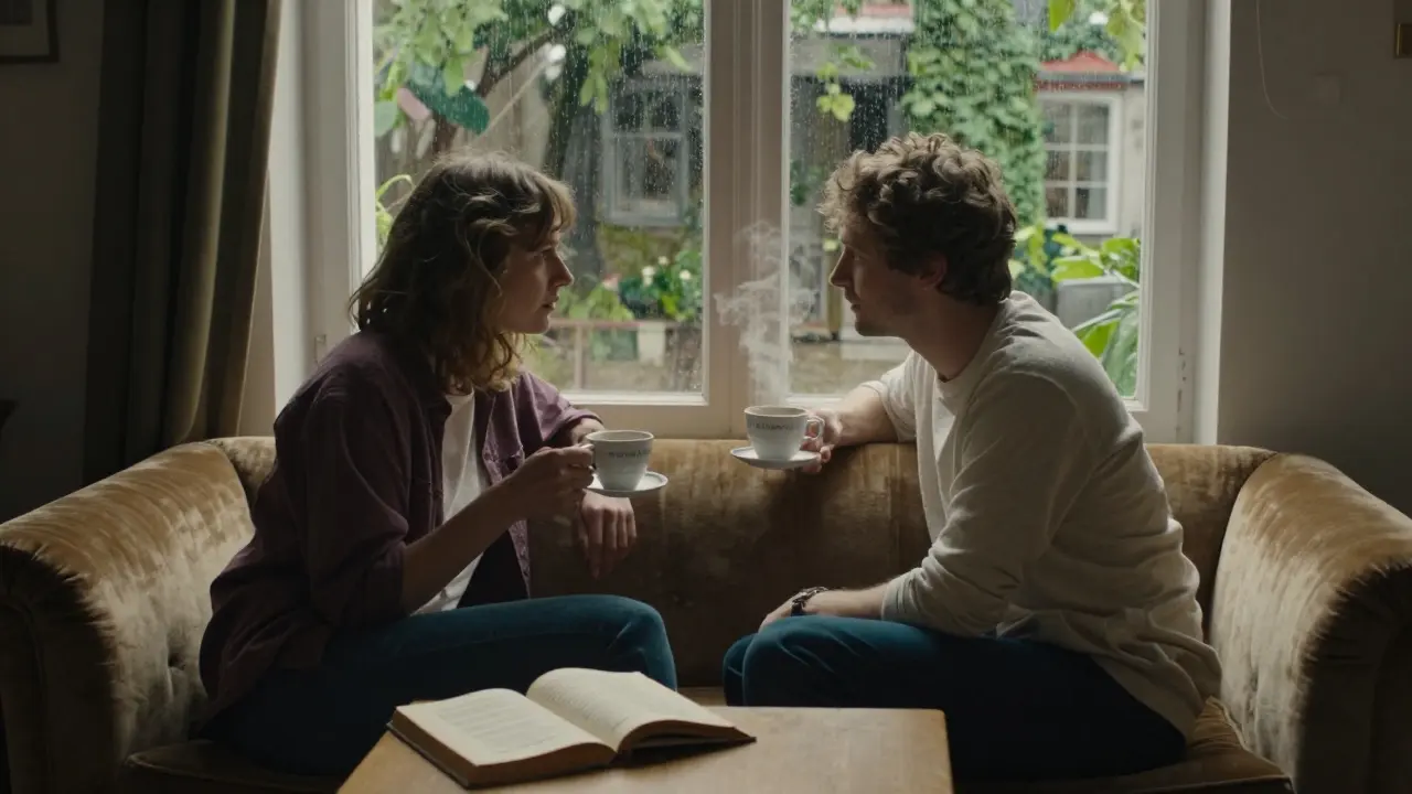 Intimate moment in a Berlin garden apartment with coffee and poetry by the window.