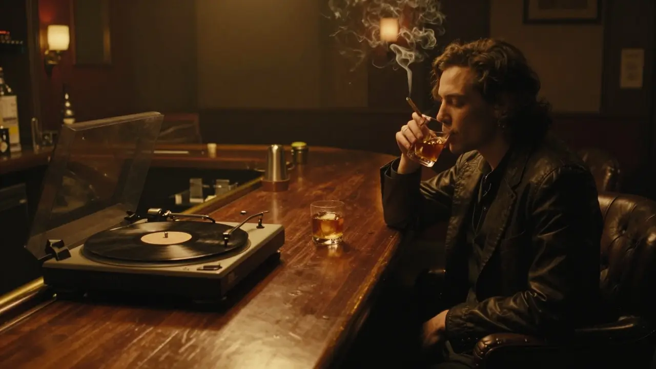 Intimate speakeasy bar with dim lighting and someone sipping a cocktail.