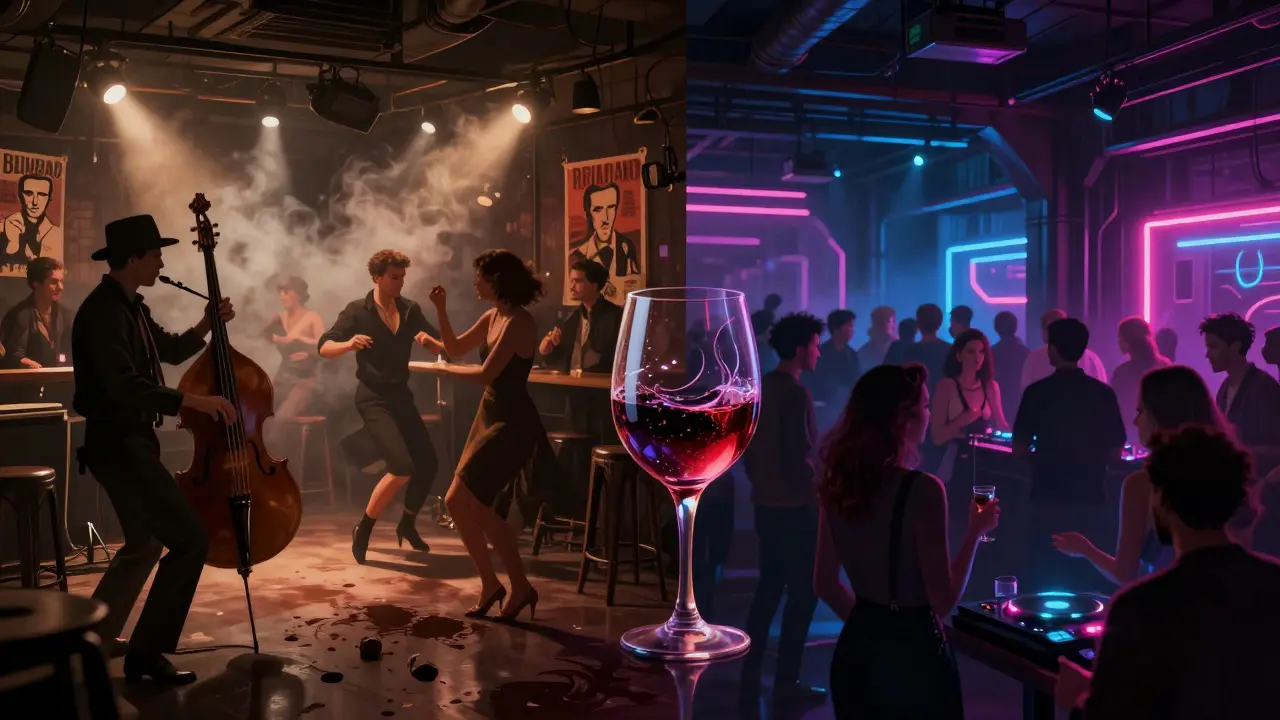 Jazz club transitioning to electronic warehouse party in Paris, wine glass between worlds.