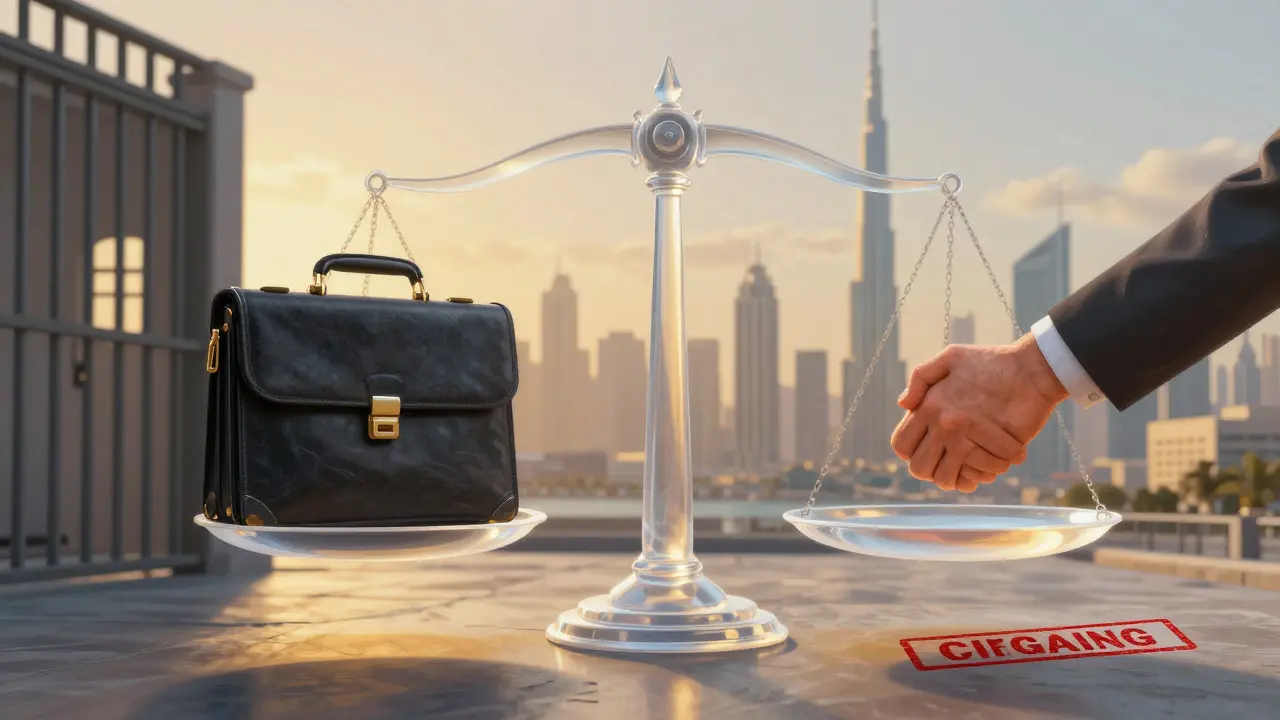 Legal scale balancing professional companionship against prison and deportation.