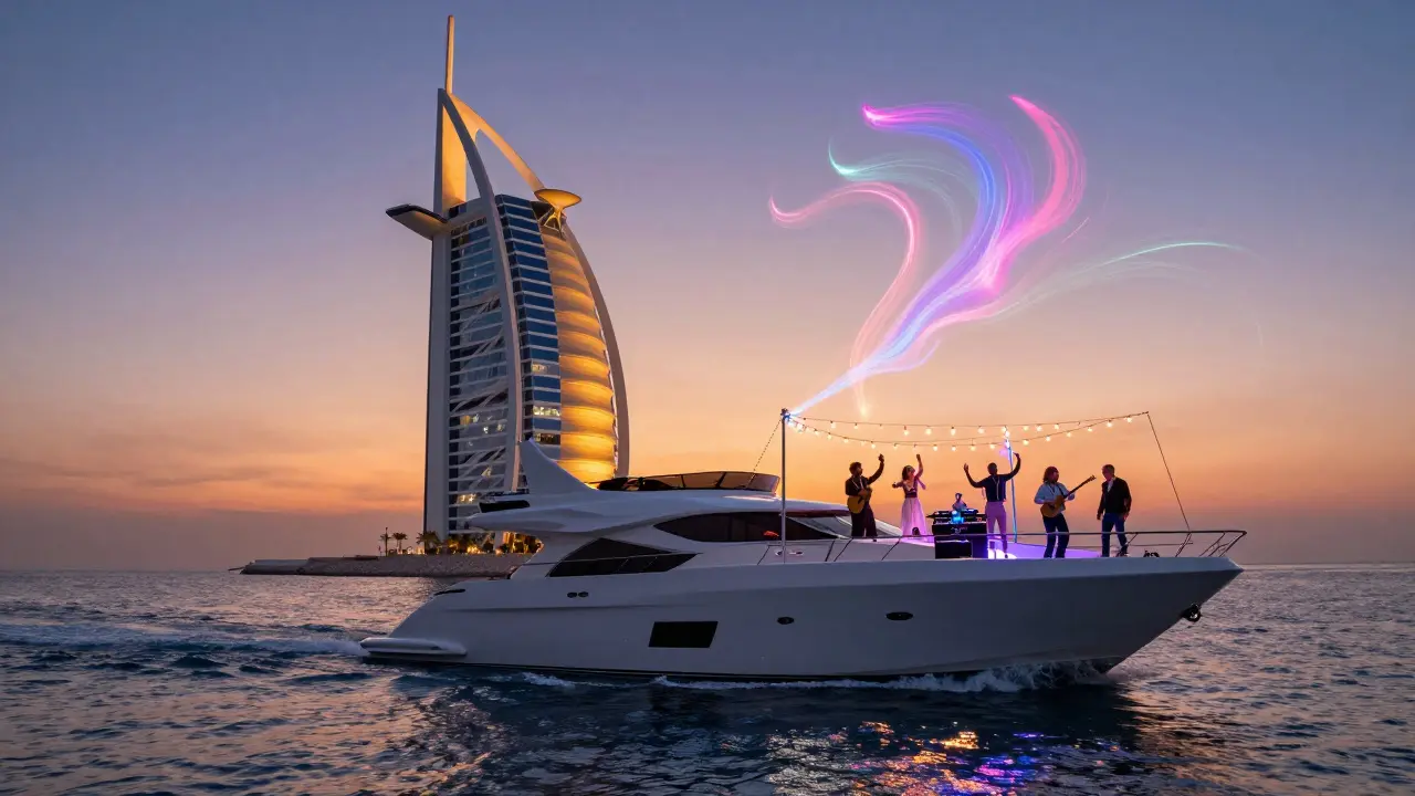Luxury yacht party at sunset with sound waves rising over Palm Jumeirah.