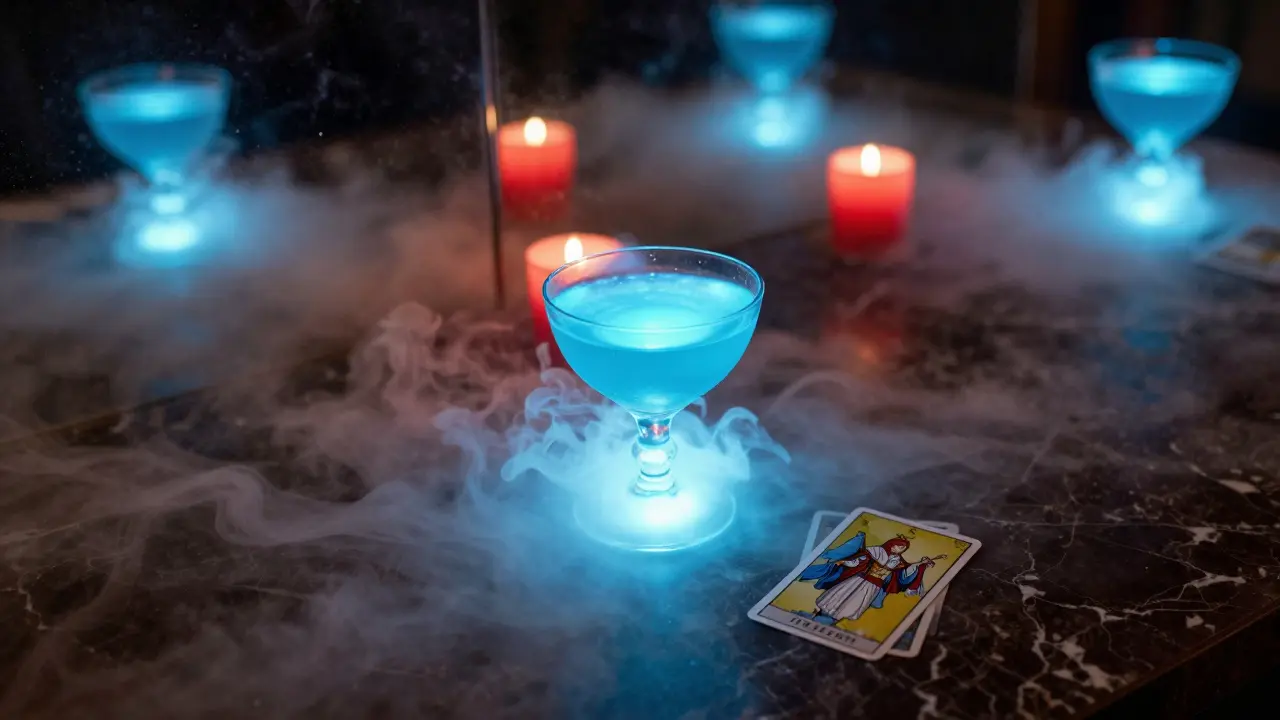 Mystical cocktail at The Alchemist with glowing blue light and dry ice.
