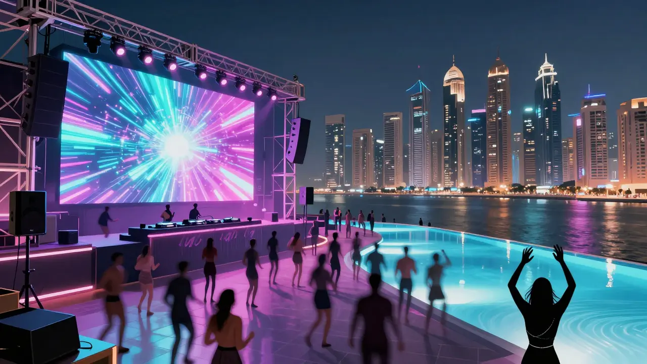 Open-air club with LED walls and glowing pool, people dancing to techno music.