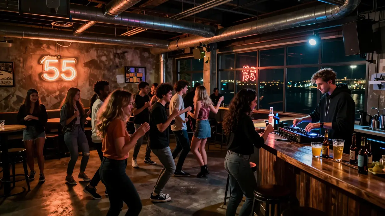 People dancing in the industrial-chic Club 55 with flickering neon lights and exposed pipes.