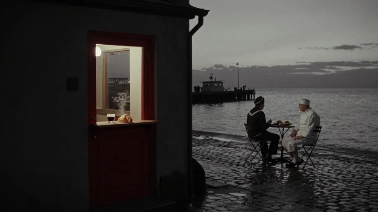 Quiet 4 AM harbor spot with a red door, steaming coffee, and dawn light over water.