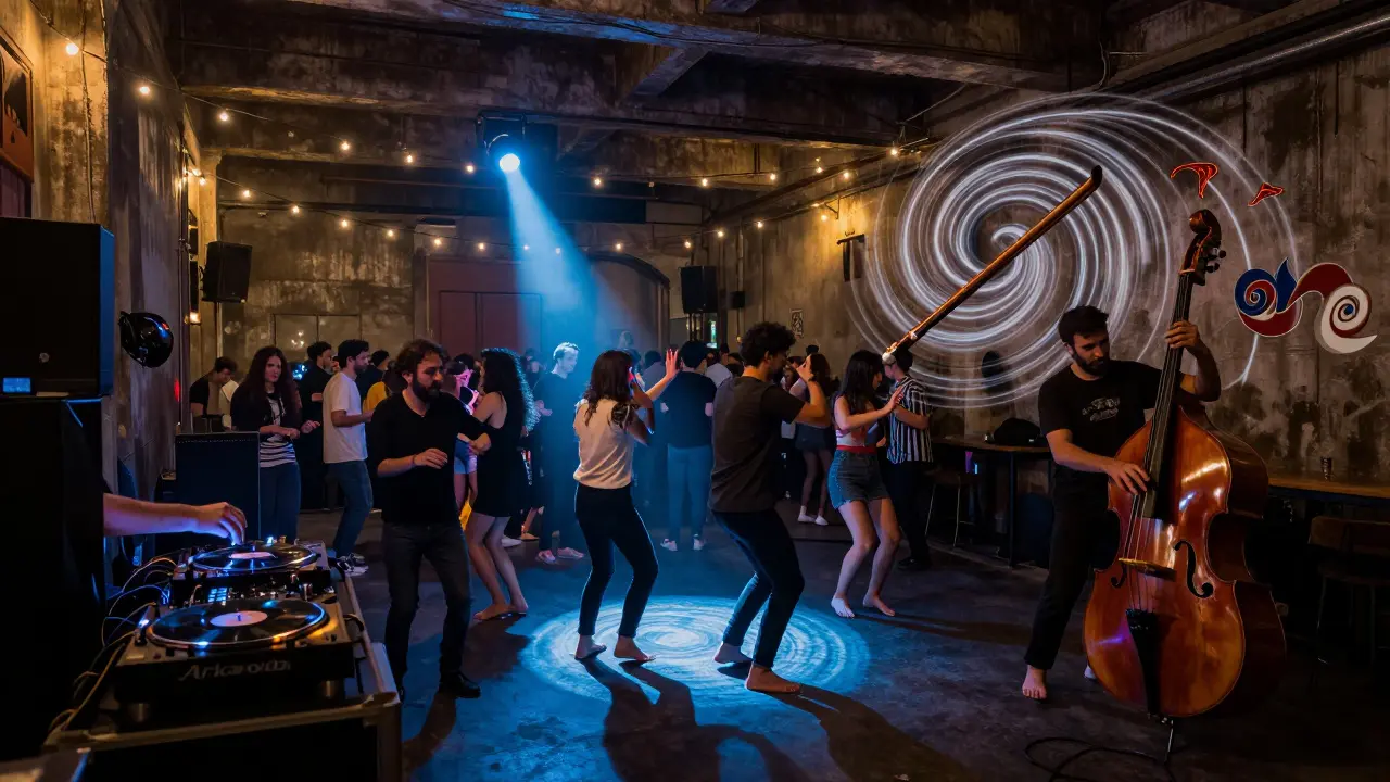 Raw underground nightclub in Karaköy with crowd dancing to Turkish techno under industrial lighting.