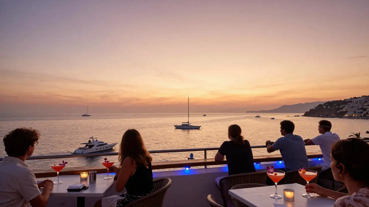 Rooftop bar at golden hour with ocean view and floating orchid cocktails.