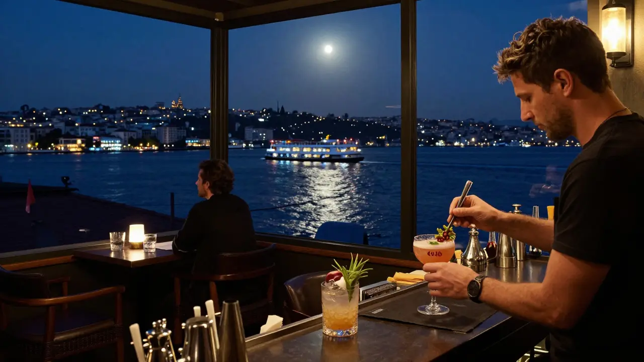 Rooftop bar overlooking the Bosphorus at midnight with cocktails and soft moonlight on the water.