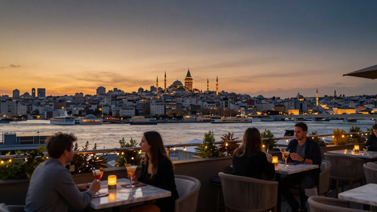 Rooftop view of Istanbul at sunset with skyline lights, Galata Tower, and guests sipping drinks.