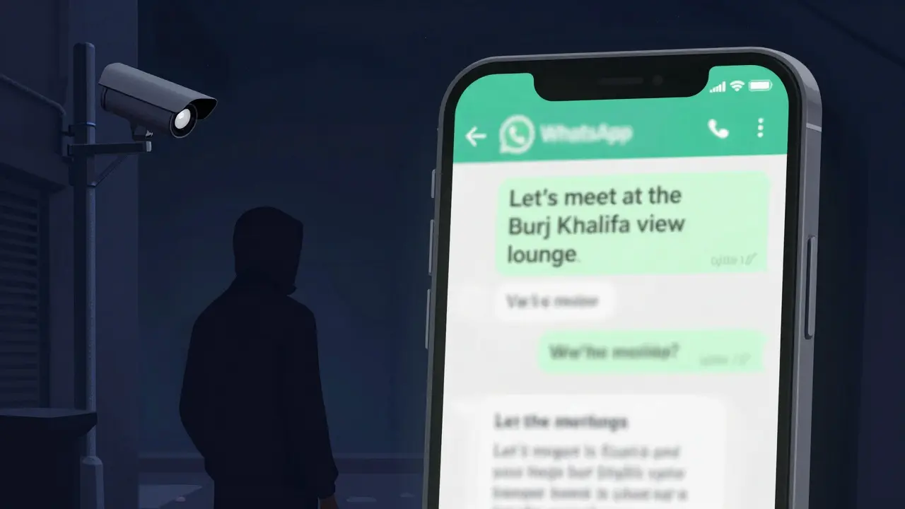 Shadowy figure near alley with smartphone showing WhatsApp message under surveillance cameras.