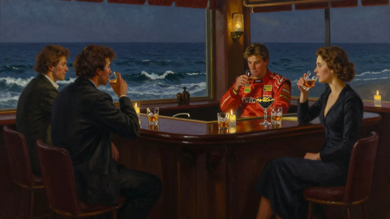 Silent patrons at Bar de l’Ocean sipping bourbon by the window, waves rolling below in the moonlight.