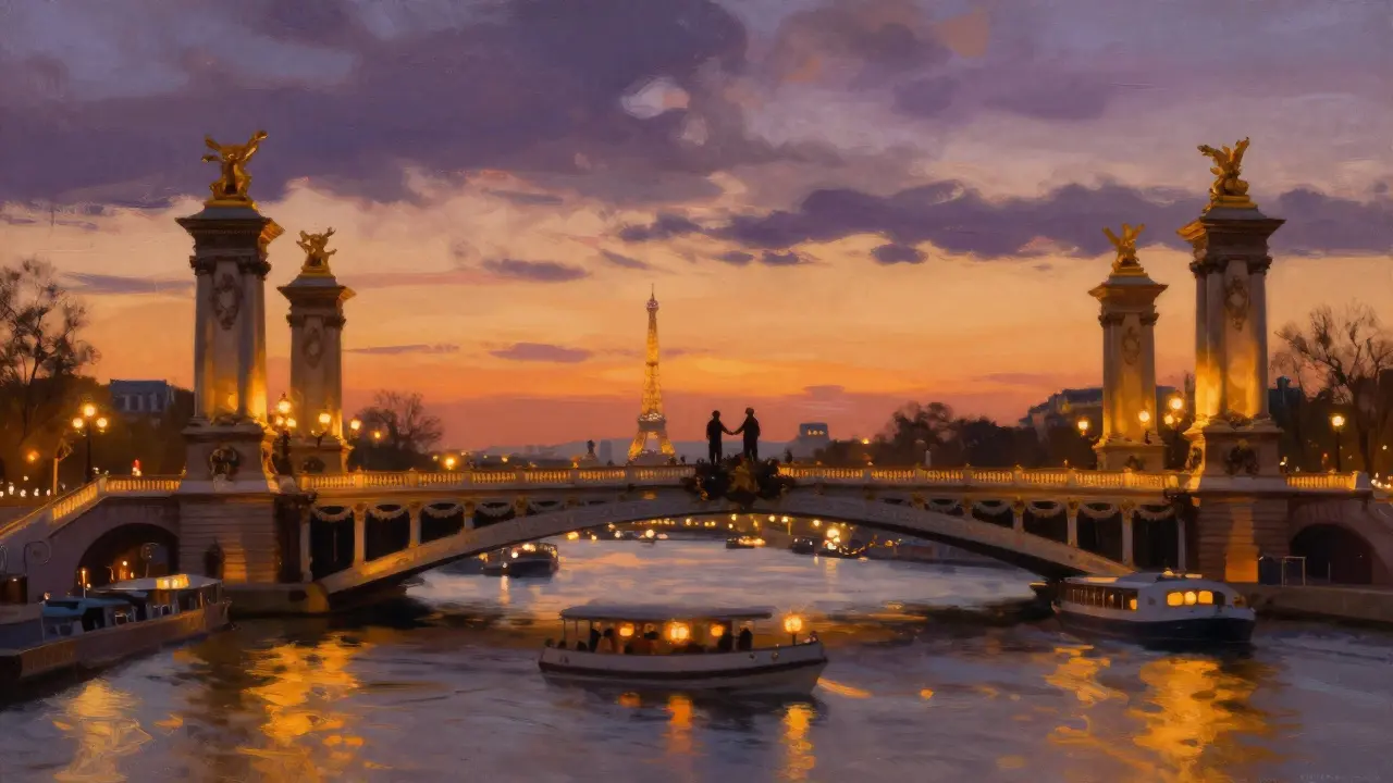 Silhouetted figures stand on Pont Alexandre III at sunset, the Eiffel Tower glowing behind them as golden light reflects on the Seine.