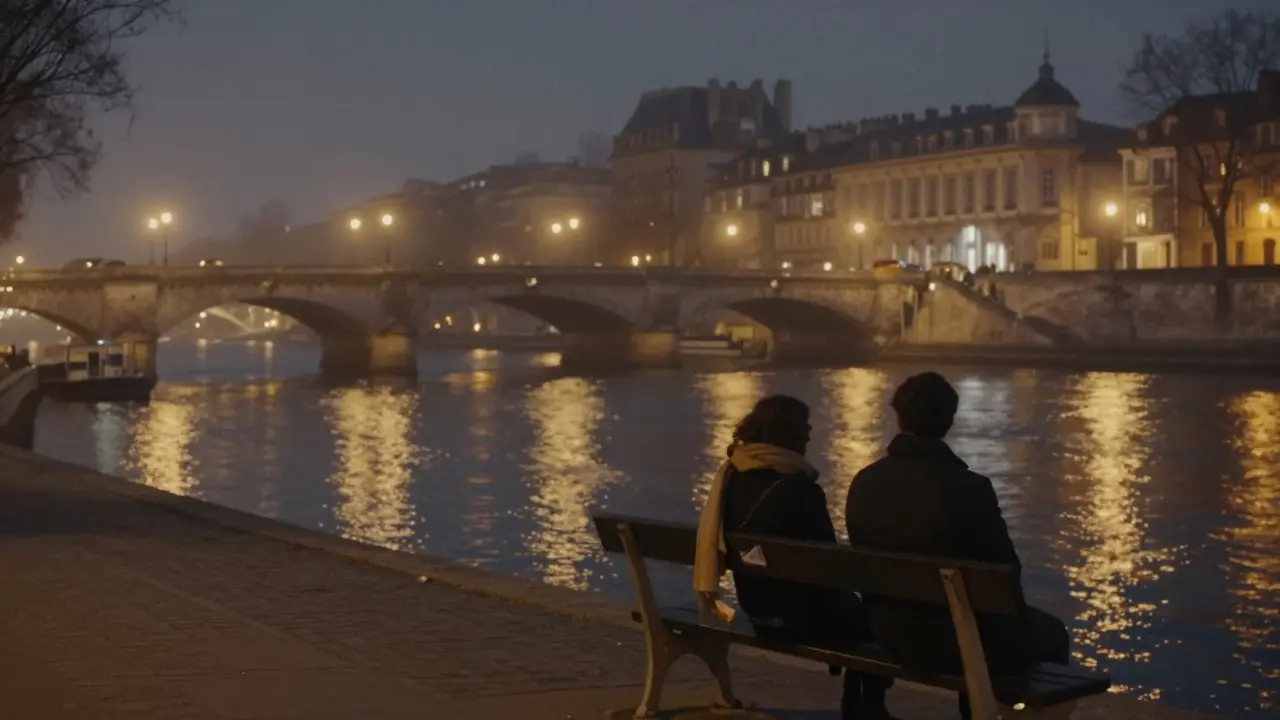 Silhouettes on a Seine bench at midnight, bridge lights shimmering on the water in soft golden reflections.