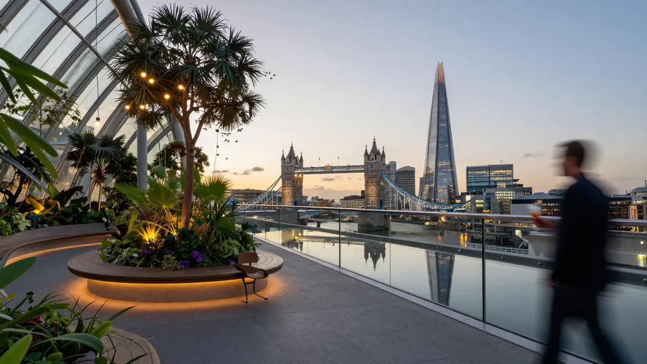 Sky Garden at sunset with London skyline reflections and greenery.
