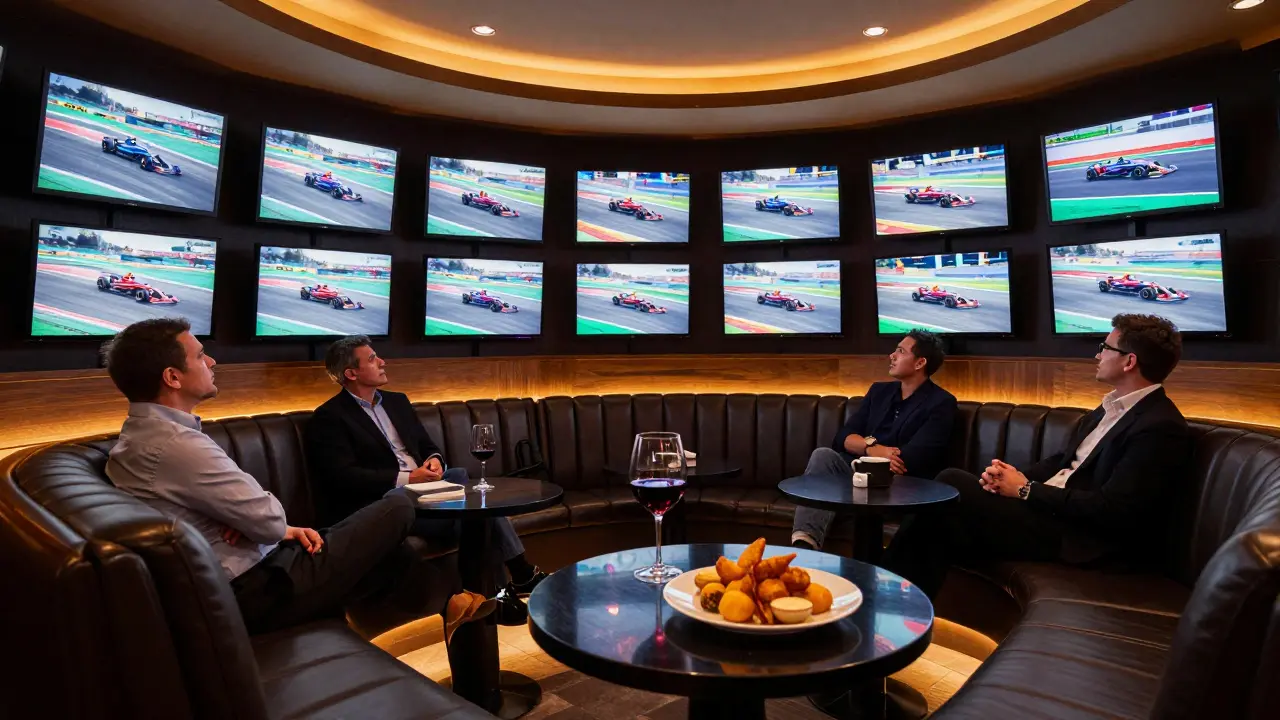 Sophisticated viewers watching a Formula 1 race at The Racket Club with wine and gourmet fries.