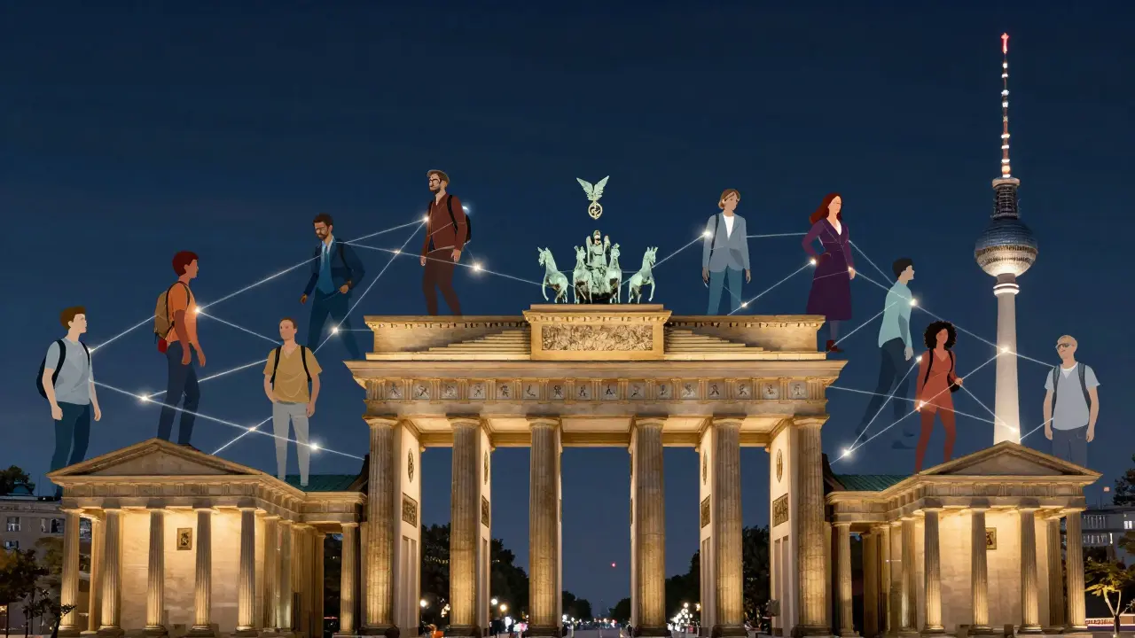 Surreal Berlin skyline with abstract figures connected by light threads, symbolizing diverse companionship and personal freedom.