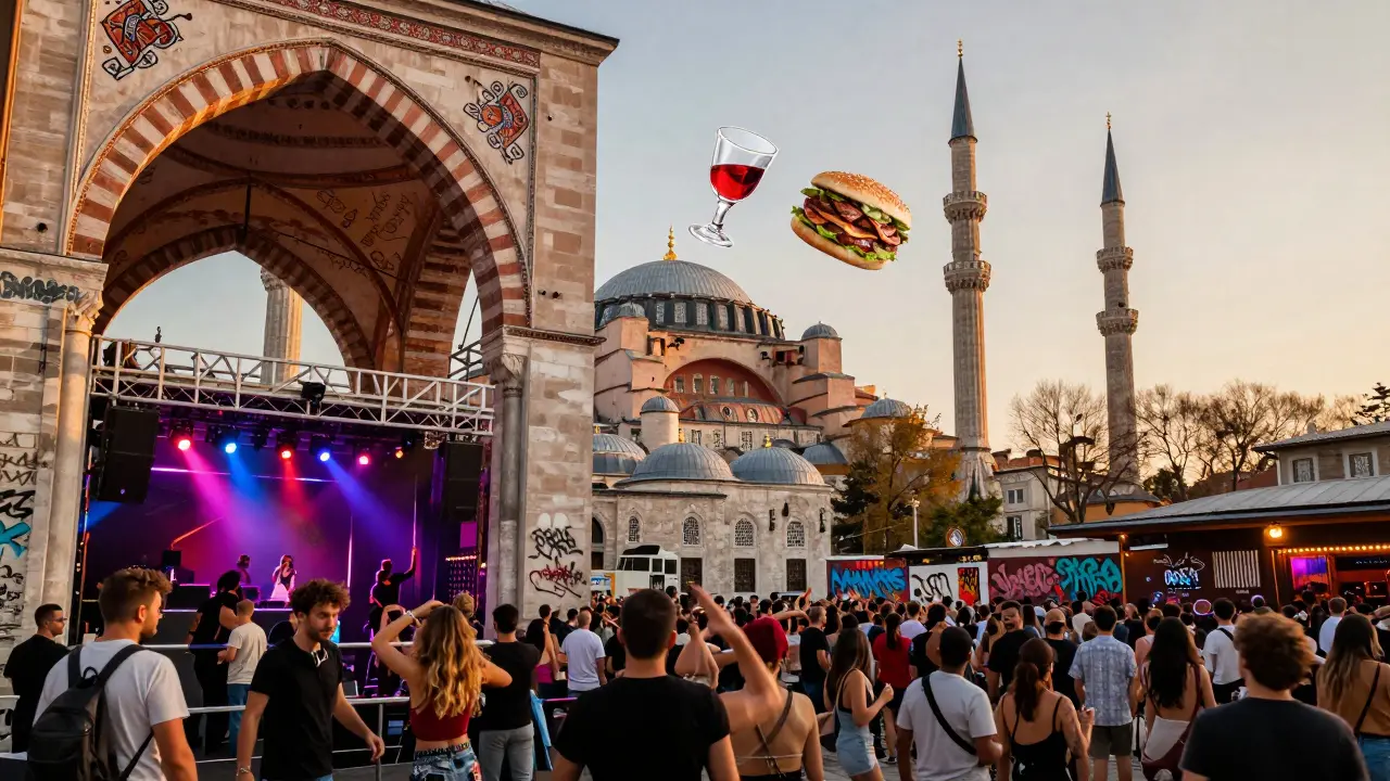 Surreal fusion of ancient arches and modern nightclub with call to prayer and dancing figures.