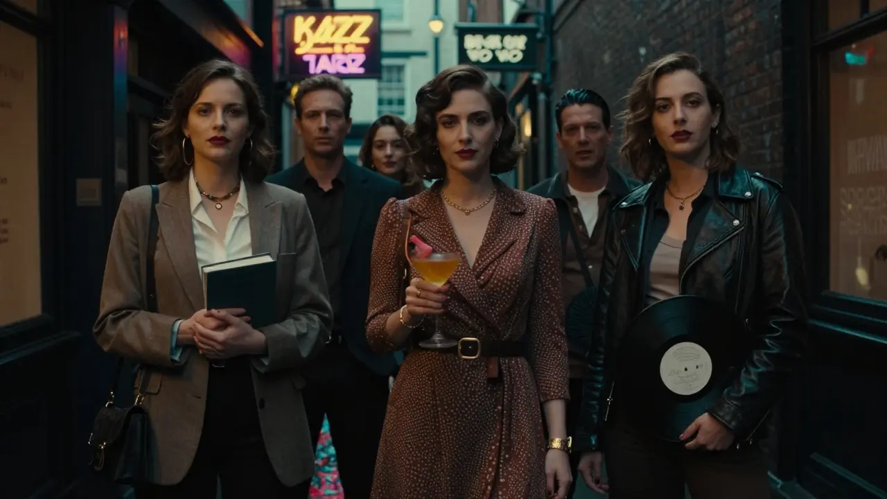 Three diverse professionals in stylish everyday attire standing confidently in a rain-dampened London alley, surrounded by subtle neon lights.