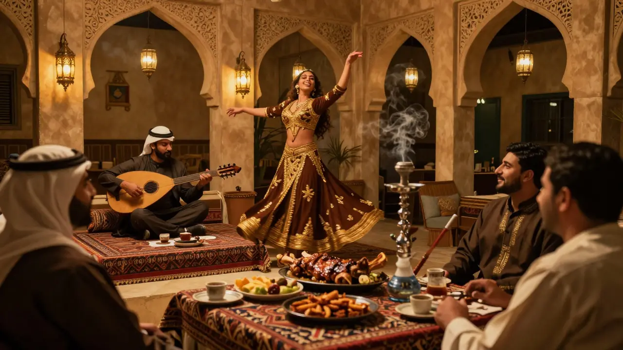 Traditional Emirati venue with oud player and belly dancer, lanterns and warm lighting at night.