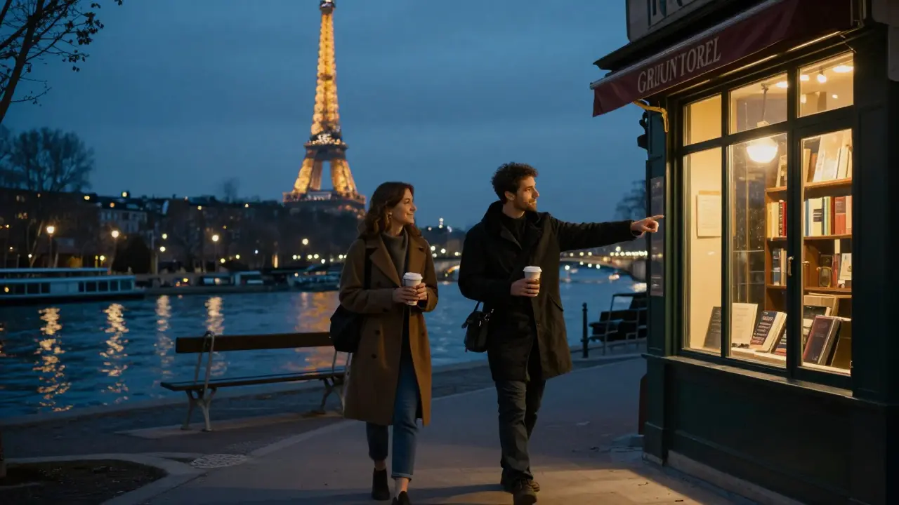Two figures walking along the Seine at night, Eiffel Tower glowing in distance, sharing coffee under soft lantern light.