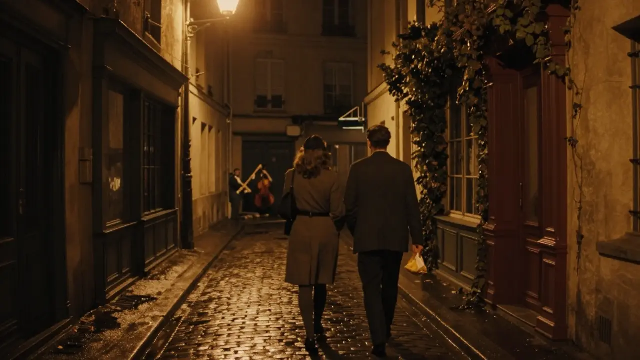 Two figures walking hand-in-hand through a dimly lit Montmartre alley at night, warm streetlights glowing.