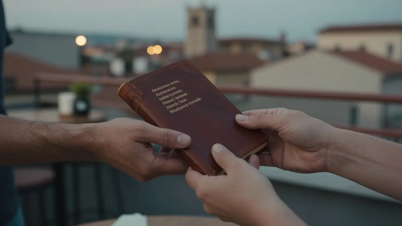 Two hands exchanging a book of Milanese poetry against a twilight city backdrop.