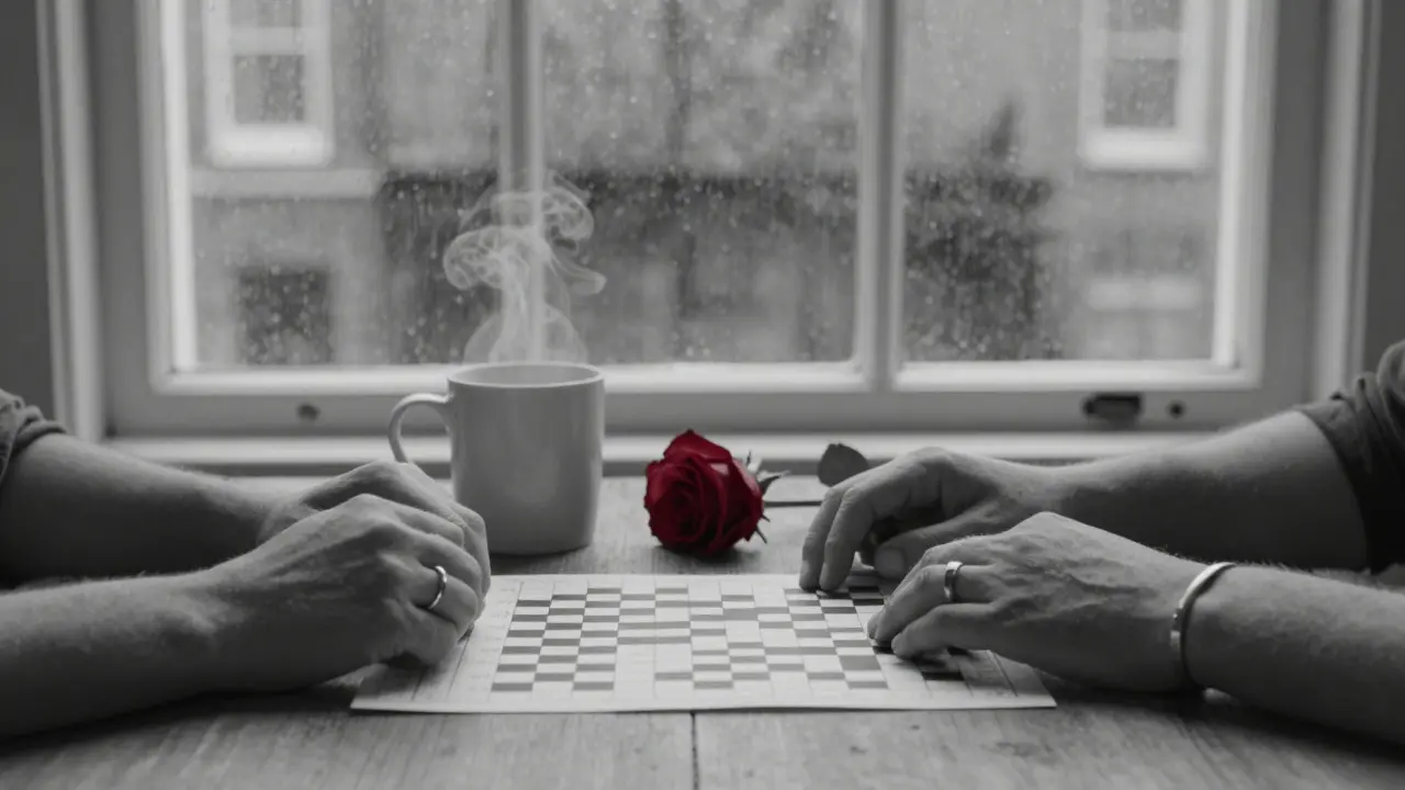 Two hands on a table with a mug, crossword, and rose—rain falling outside a London window.