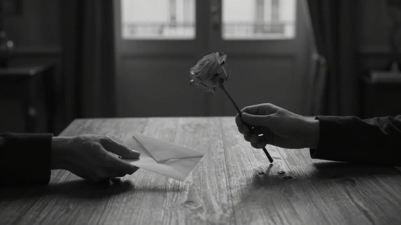 Two hands reach across a table—one offering a rose, the other holding a letter, in soft black-and-white shadow.