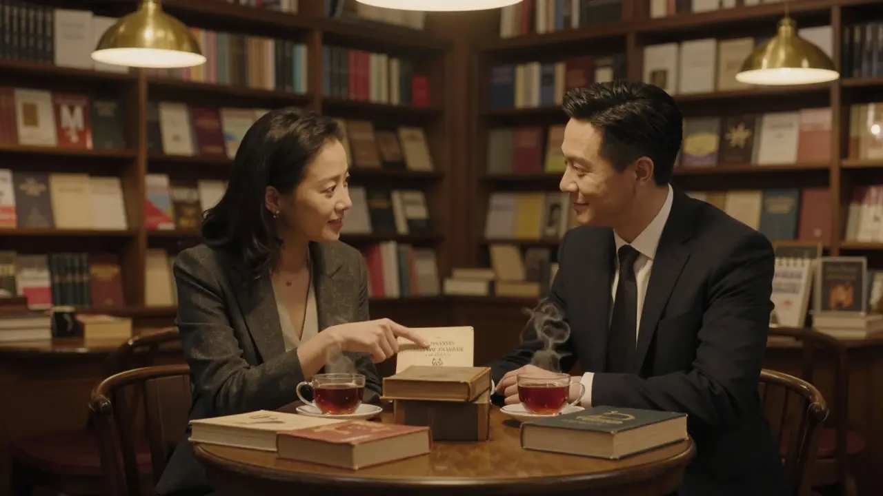 Two people browse books together in a warm, intimate Parisian bookstore.