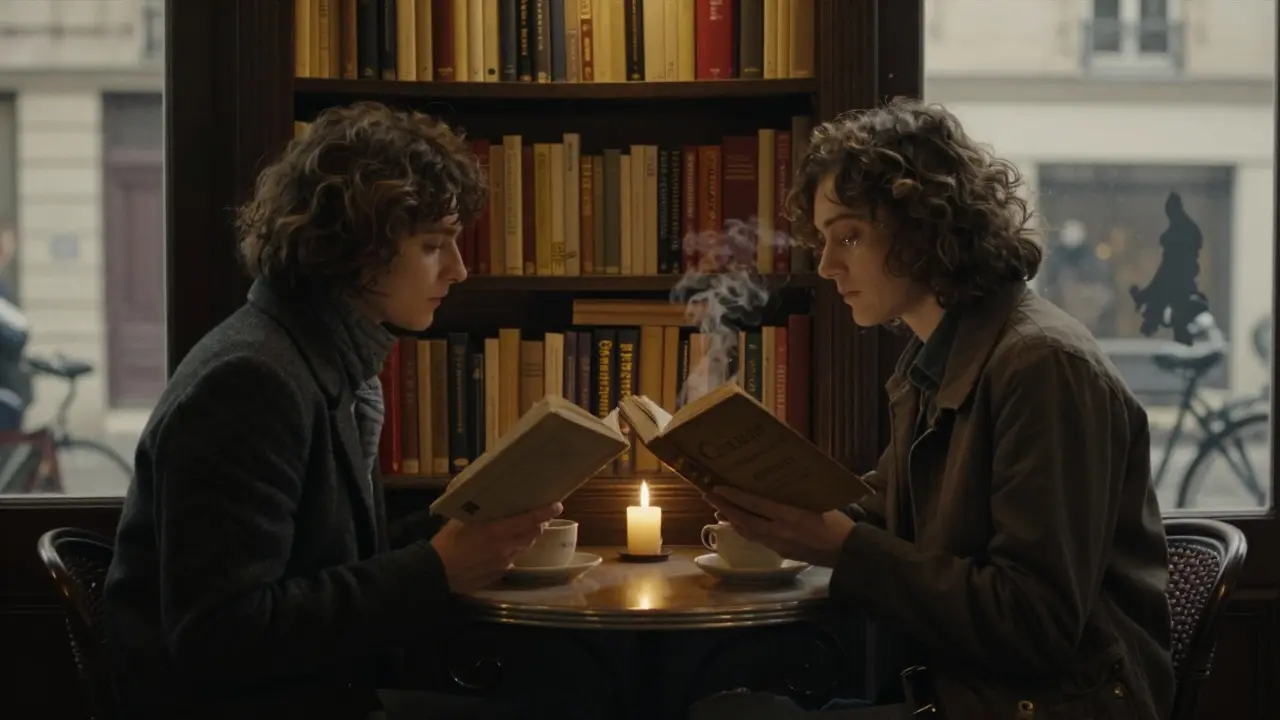 Two people share a quiet moment in a Paris café, one reading aloud from a book as candlelight flickers between them.