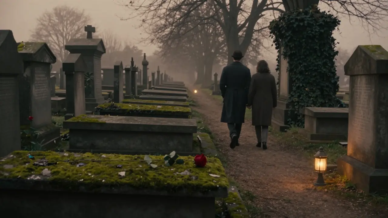 Two people walk among mossy gravestones in Père-Lachaise Cemetery at twilight, a single rose resting on a stone wall.