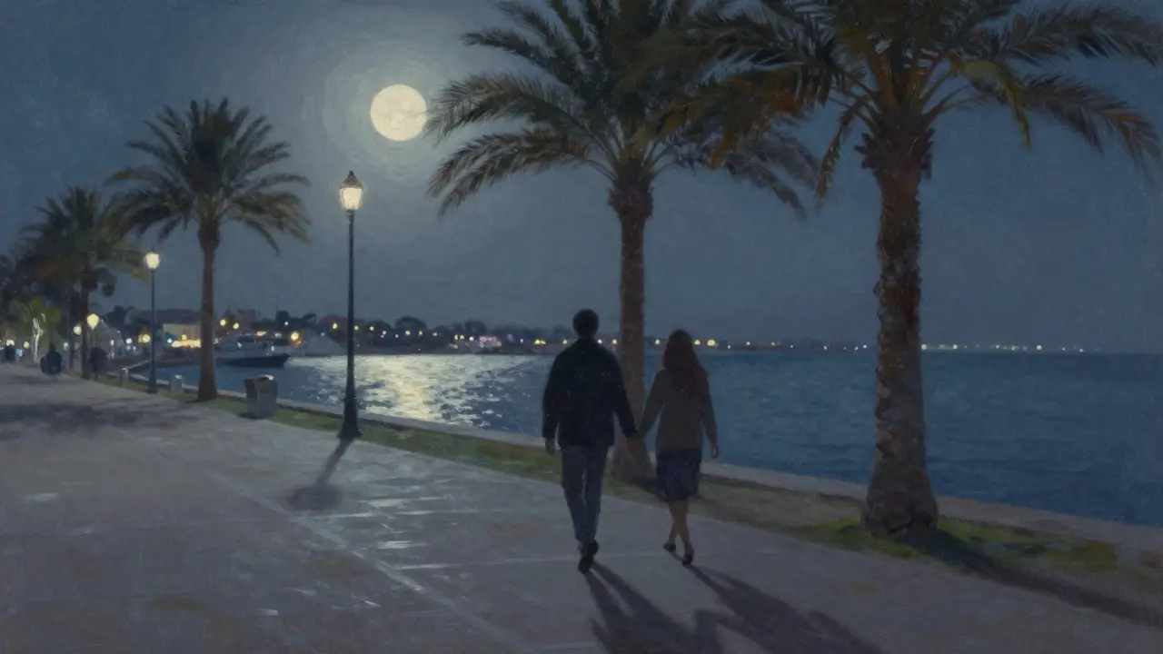 Two people walking hand-in-hand along a lantern-lit seaside path at night, palms and calm water surrounding them.