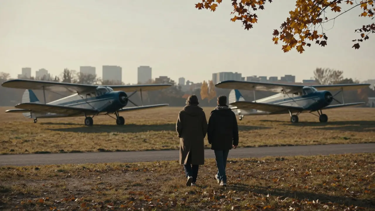 Two people walking peacefully through Tempelhofer Feld as planes land in the background.