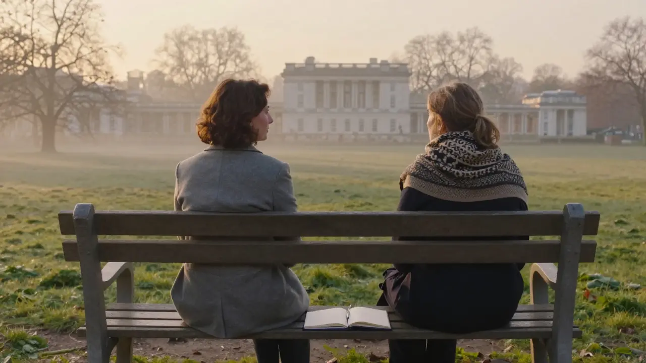 Two women sitting together on a park bench at sunrise in Greenwich Park, overlooking the city in peaceful silence.