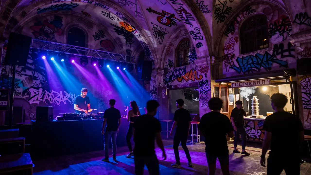 Underground club Barbakan in a graffiti-covered church with neon lights and dancers.