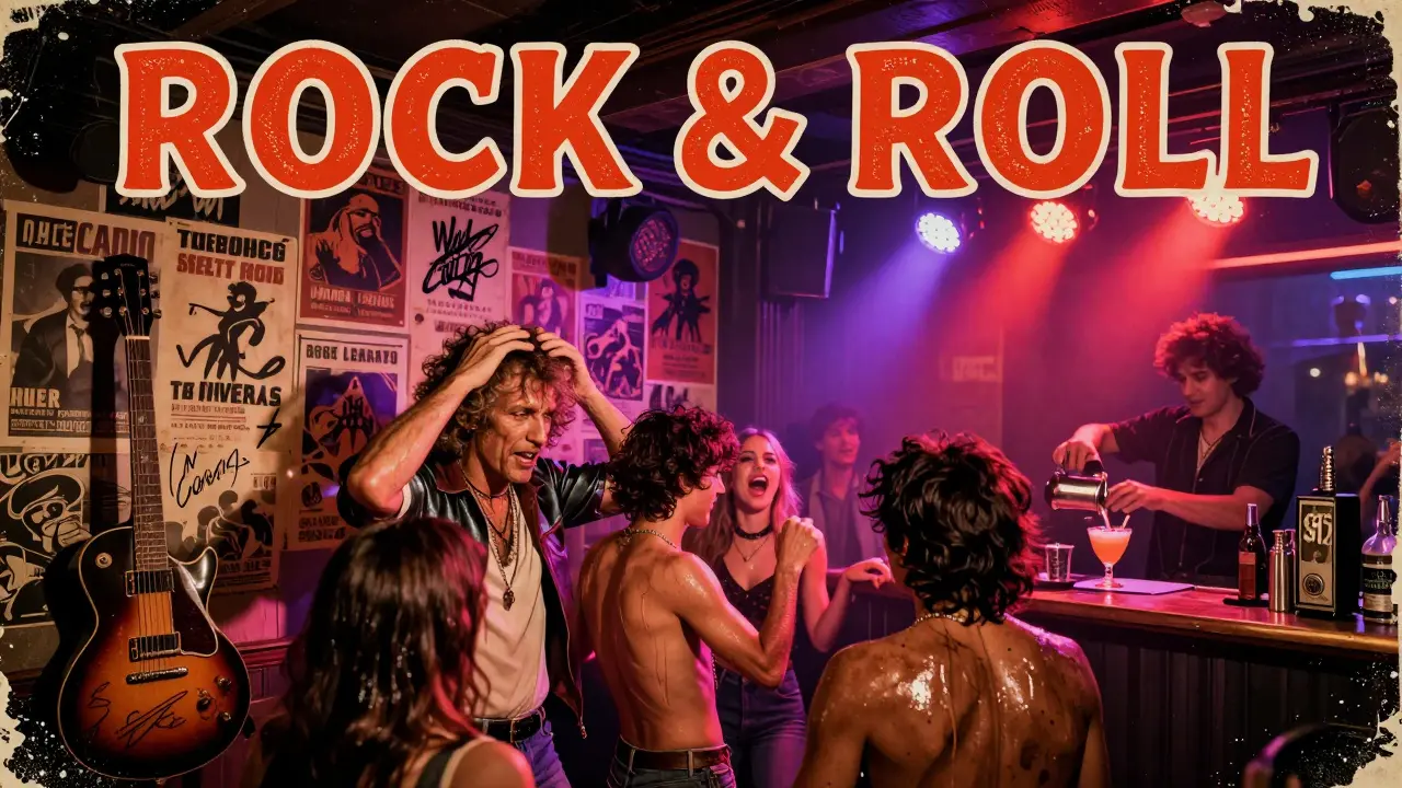 Vibrant rock concert atmosphere inside Rock &amp; Roll nightclub with crowd dancing under vintage stage lights.