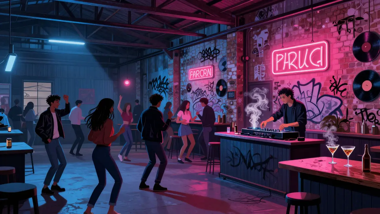 Vibrant underground bar in Brera with vinyl spinning, graffiti walls, and diverse crowd dancing freely.