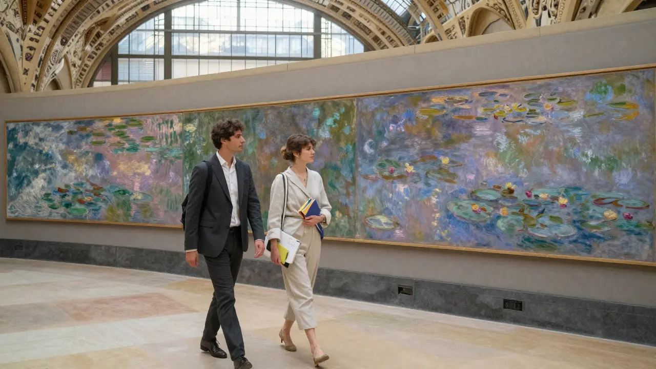 Woman and escort admiring Monet's paintings in Musée d’Orsay, daylight streaming through glass ceiling.