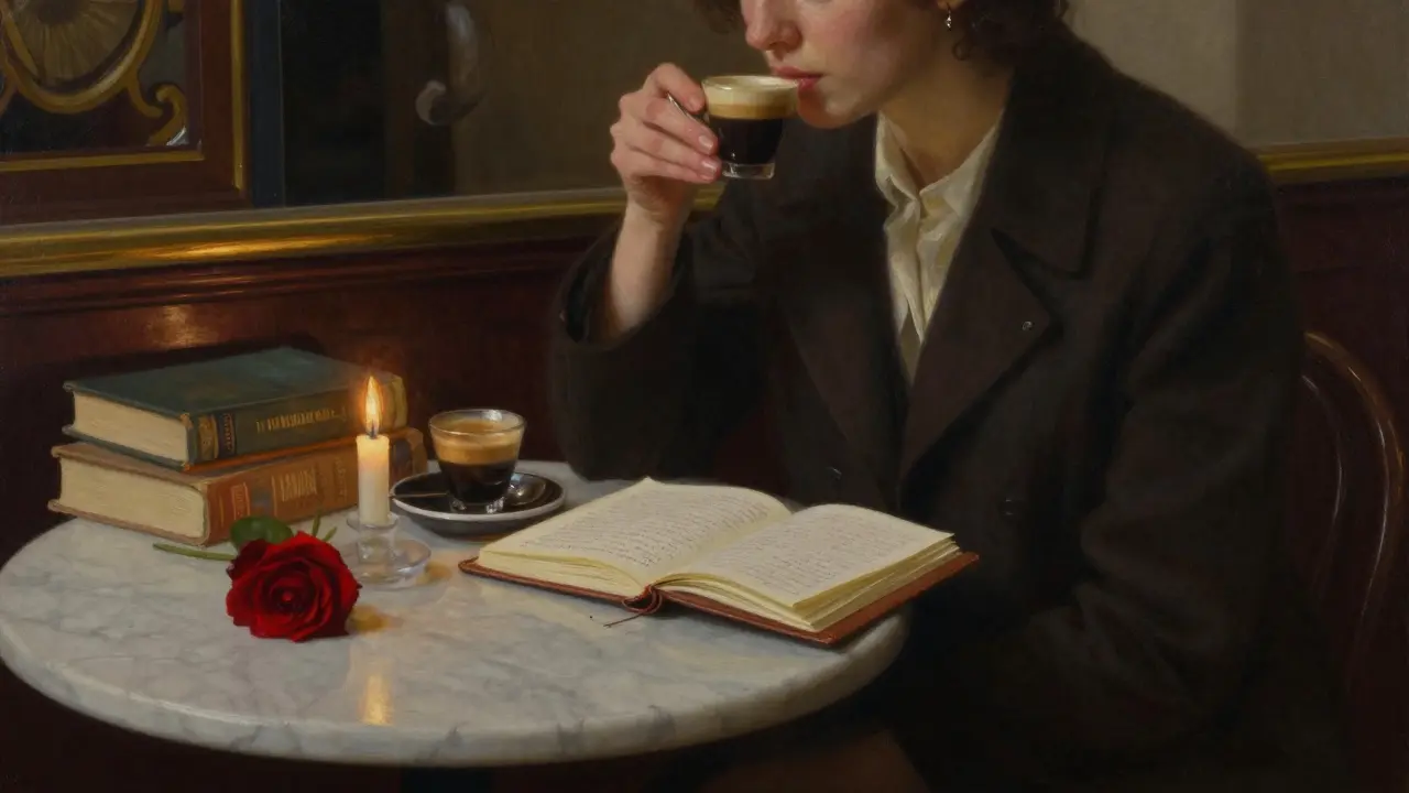 Woman quietly reading in a Brera café with a notebook and rose on the table.