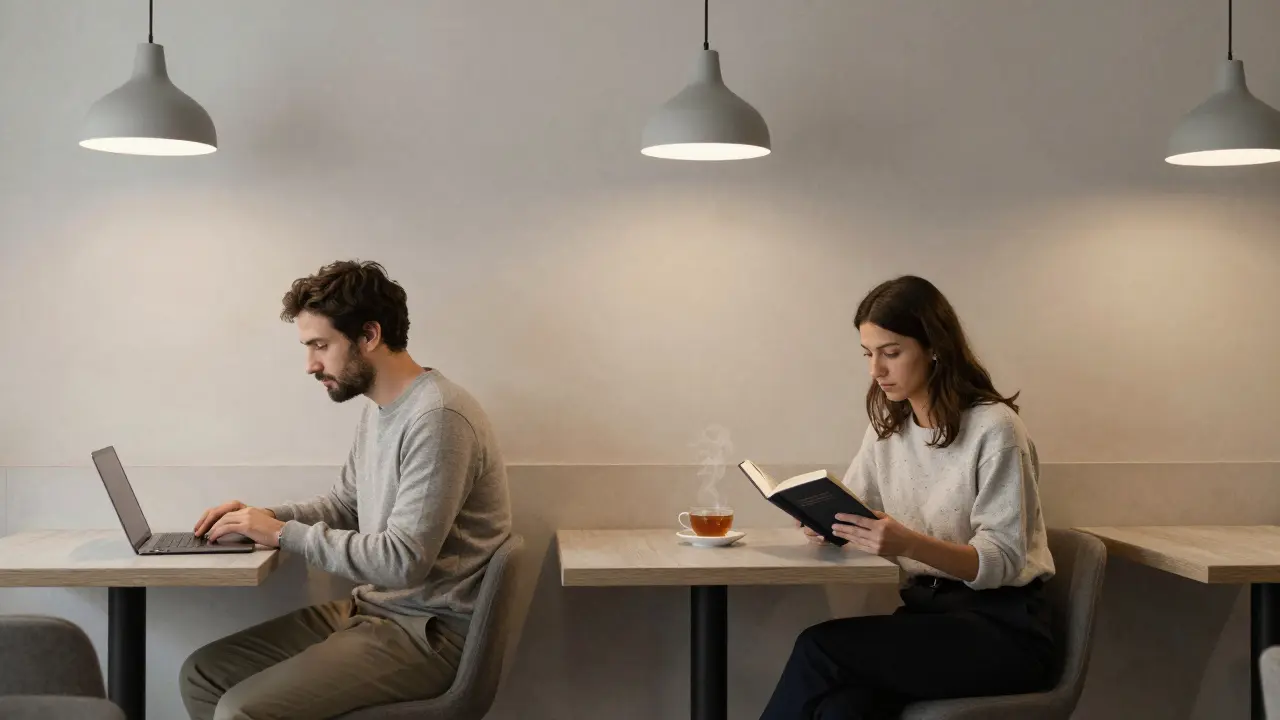 A client and escort in a co-working lounge, each engaged in quiet, independent activities.