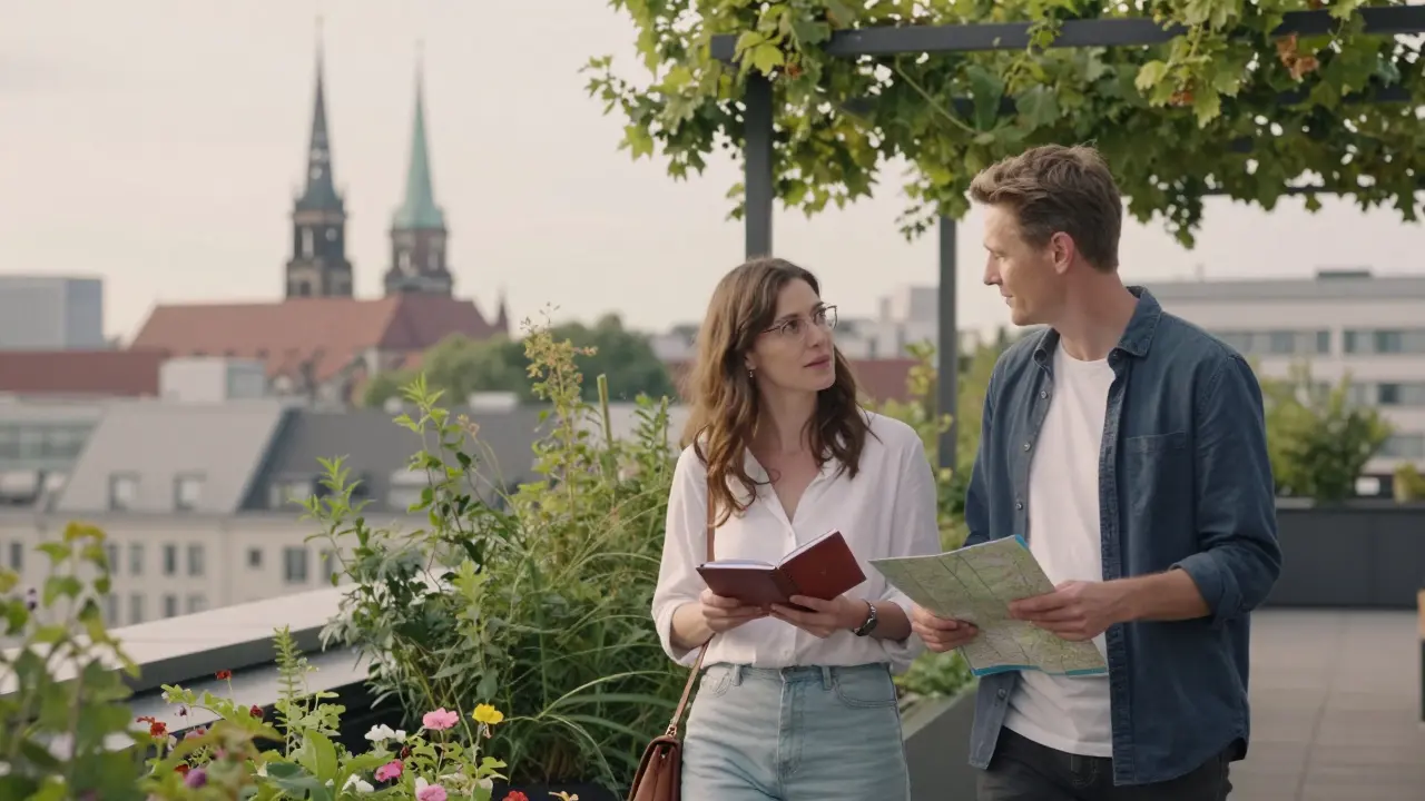 A companion and client walking peacefully on a Berlin rooftop garden at sunrise, discussing art.