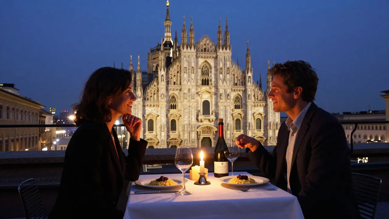 A couple enjoys a private rooftop dinner in Milan with candlelight, risotto, and the Duomo glowing in the background.