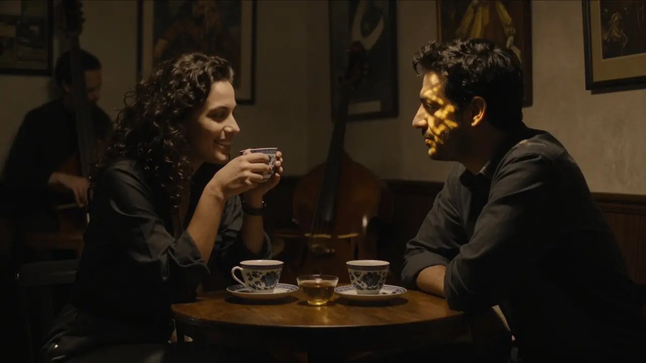 A couple in a dim art lounge sipping tea, softly lit by ambient light, listening intently to each other.