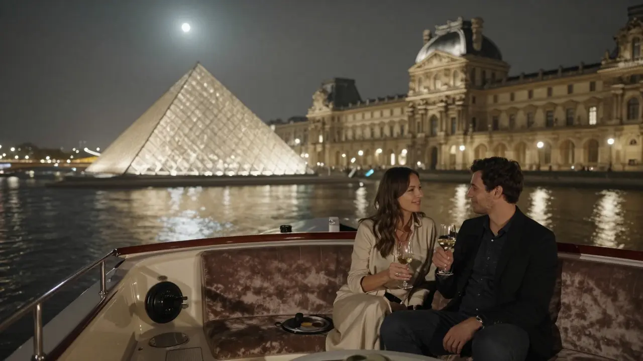 A couple on a private yacht at night, the Louvre reflecting on the Seine as jazz drifts through the air.