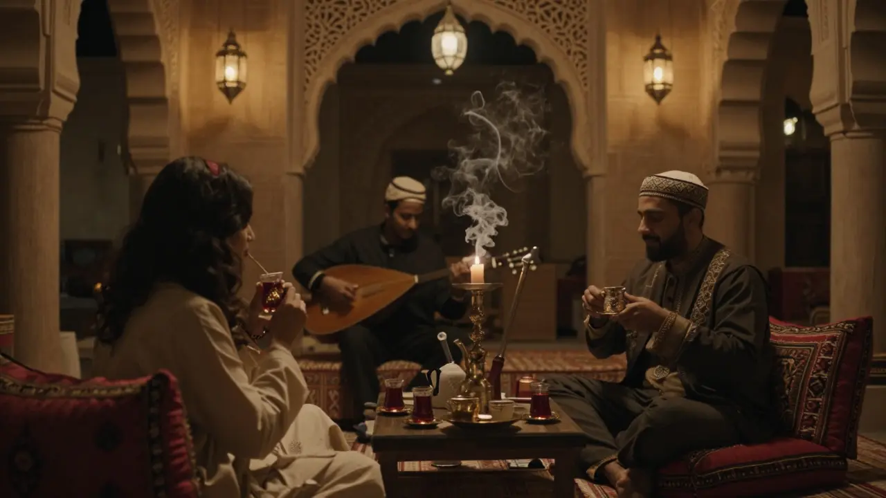 A couple sipping tea in a lantern-lit Arabian Tea House with live oud music and shisha smoke.