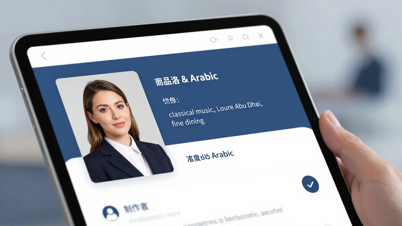 A detailed escort profile on a tablet showing language skills, interests, and verification badge, presented professionally.