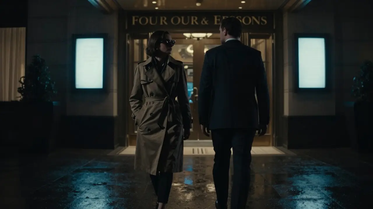 A discreet departure at a luxury hotel entrance, no words exchanged, only shadows and silence.