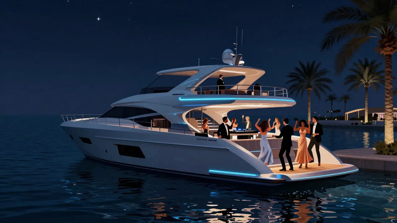 A floating nightclub on the Persian Gulf with dancers under neon lights and starlit water reflections.