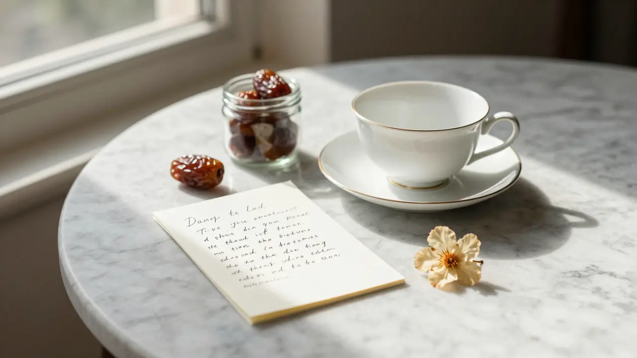 A handwritten note and a jar of dates left on a table, with a single flower, symbolizing a meaningful farewell.