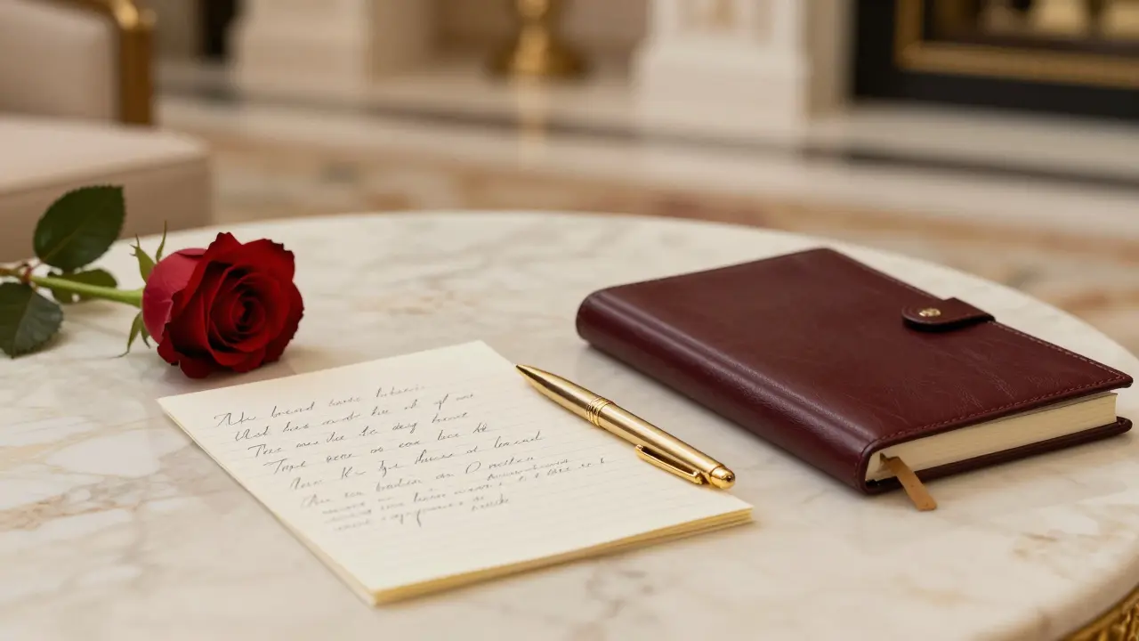 A handwritten note and rose lie on a marble table in a luxury hotel suite, suggesting a discreet, memorable encounter.